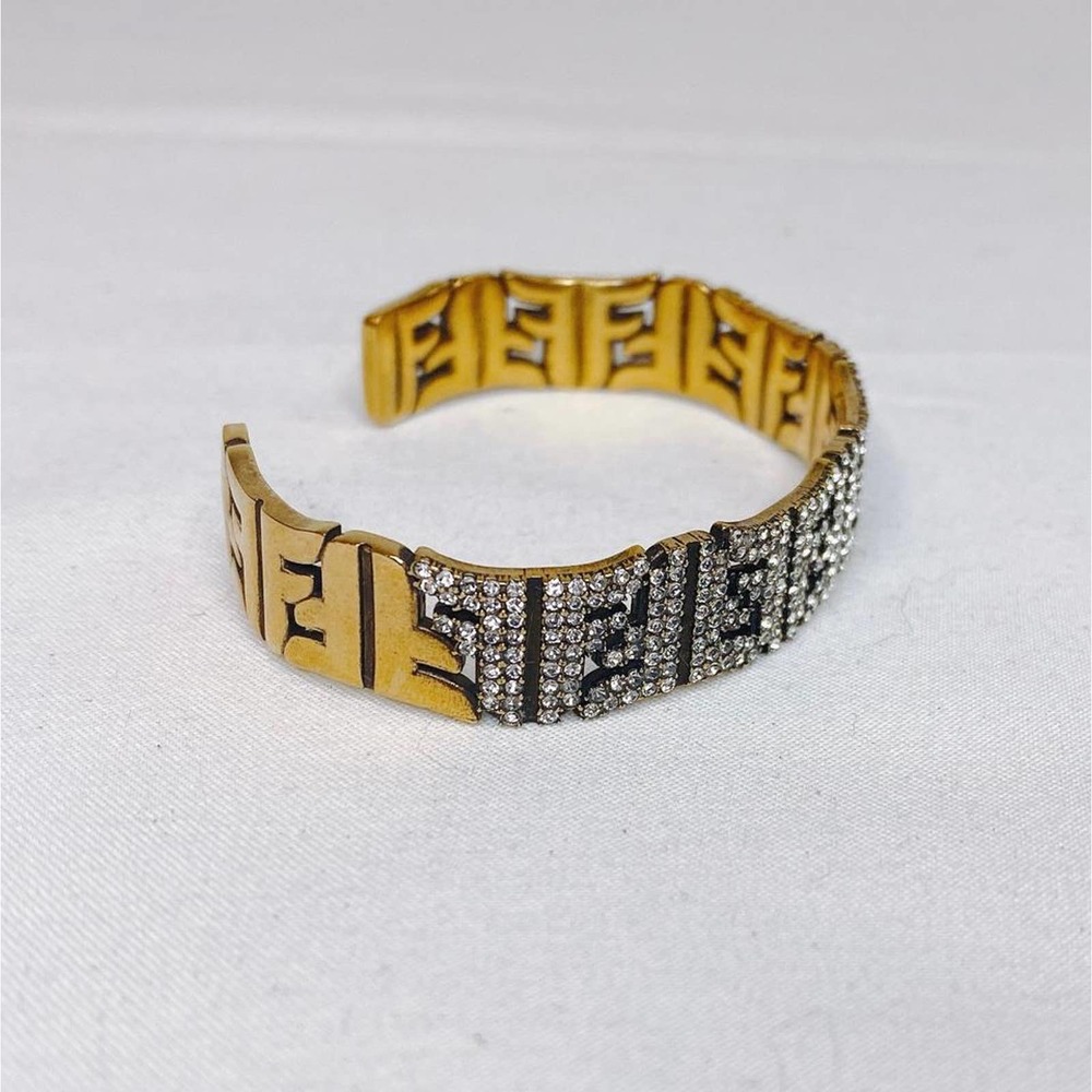 FENDI FF logo crystal gold tone bracelet bangle M - Picture 2 of 5